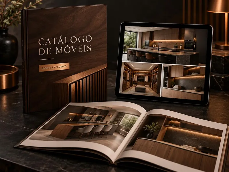 Mockup do bônus Catálogo Profissional de Móveis: catálogo digital e impresso com cozinhas e closets planejados