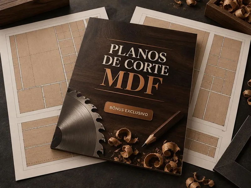 Mockup do bônus Kit de Planos de Corte MDF: diagramas de distribuição de peças em chapas de MDF