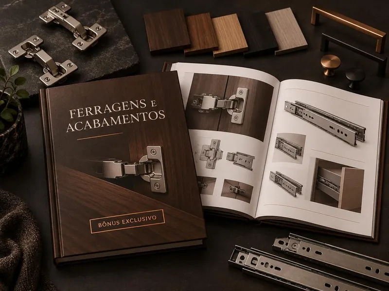 Mockup do bônus Guia de Ferragens e Acabamentos: manual técnico com dobradiças, corrediças e amostras de madeira