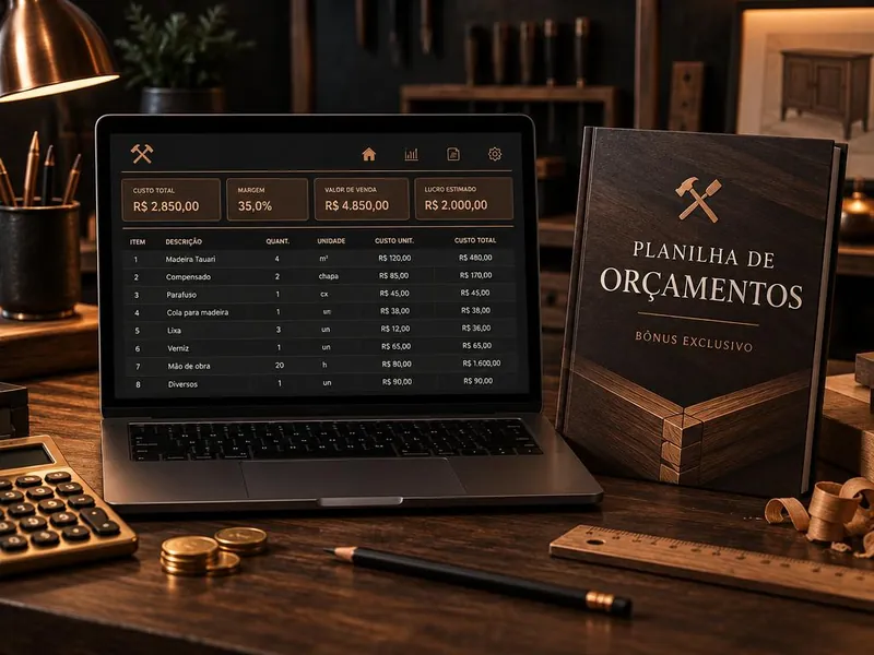Mockup do bônus Planilha de Orçamentos: notebook com planilha de custos ao lado da capa digital