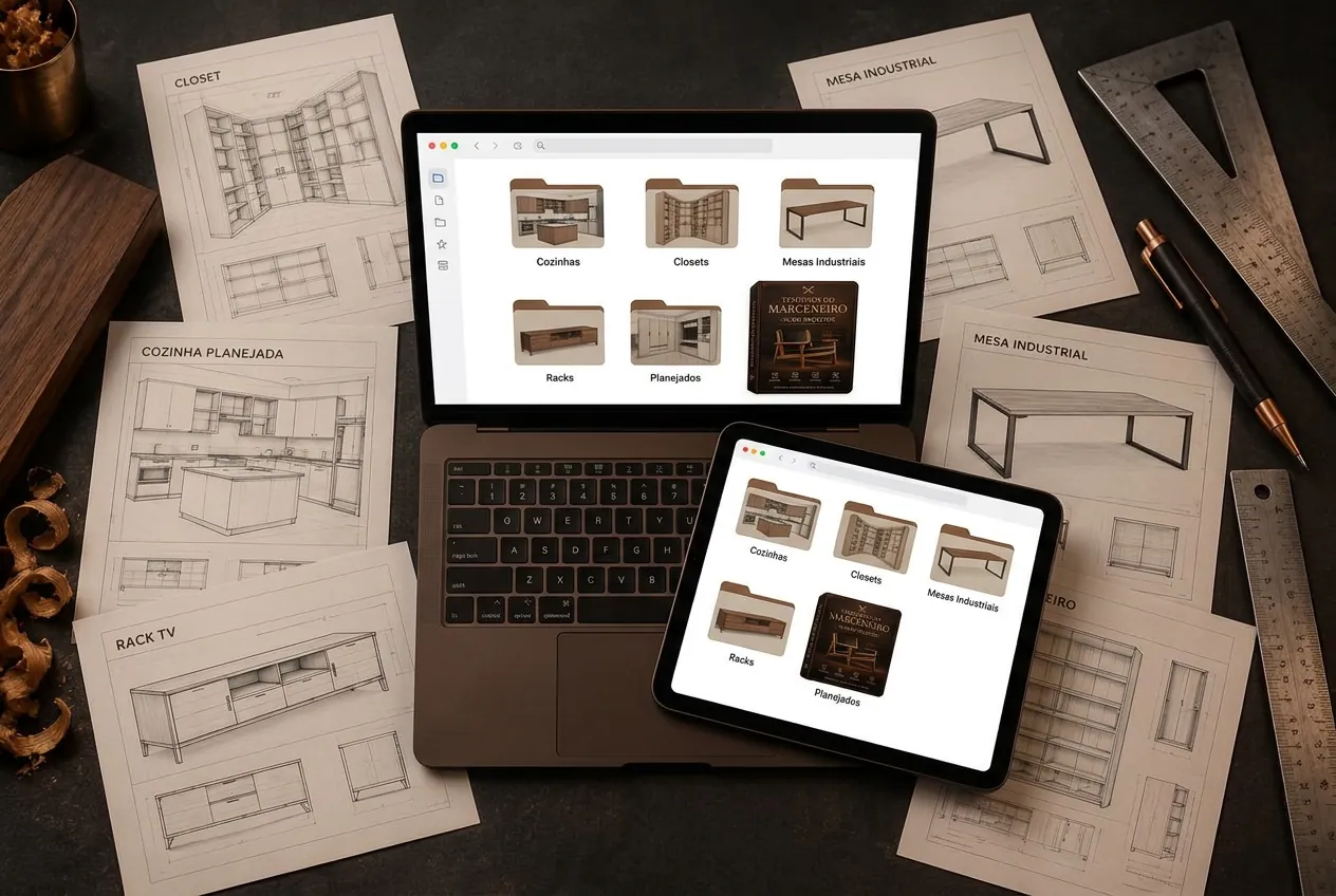 Biblioteca digital Tesouros do Marceneiro em notebook e tablet